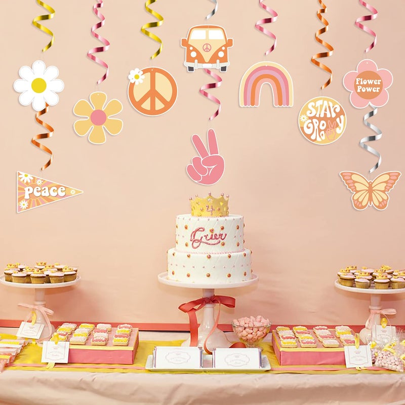 A1diee 30Pcs Groovy Retro Hippie Boho Party Swirls Decor Rainbow Butterfly Daisy Flower Colorful Whirls Glitter Foil Ceiling Hanging Swirls Star Groovy Party Supplies Favors for Birthday Baby Shower - Image 5